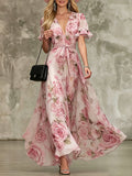 Women's Deep V-Neck Ruffle Sleeve Printed Maxi Dress – High Waist
