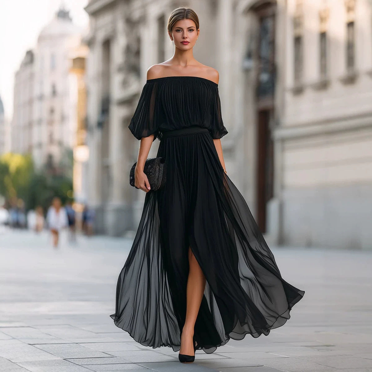 Women's One-Shoulder Ruffle Sleeve Chiffon Maxi Dress | Side Split High Waist Dress in 3 Colors