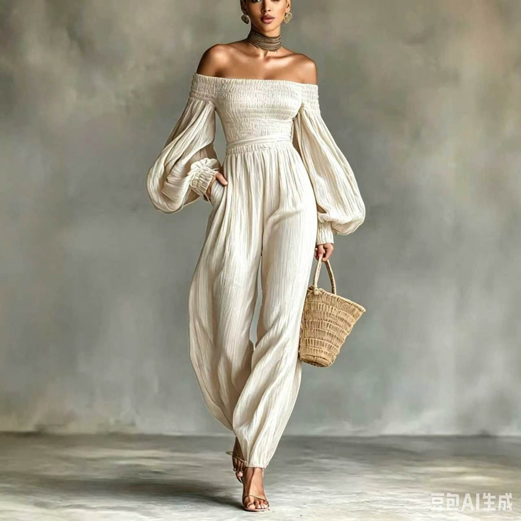 Women's Off-Shoulder Lantern Sleeve Pleated Loose Jumpsuit