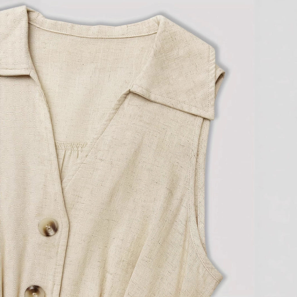 V-Neck Sleeveless A-Line Shirt Dress for Women – High Waist Cotton Linen Midi