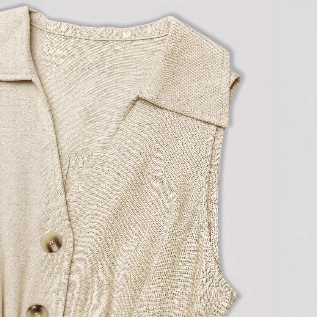 V-Neck Sleeveless A-Line Shirt Dress for Women – High Waist Cotton Linen Midi