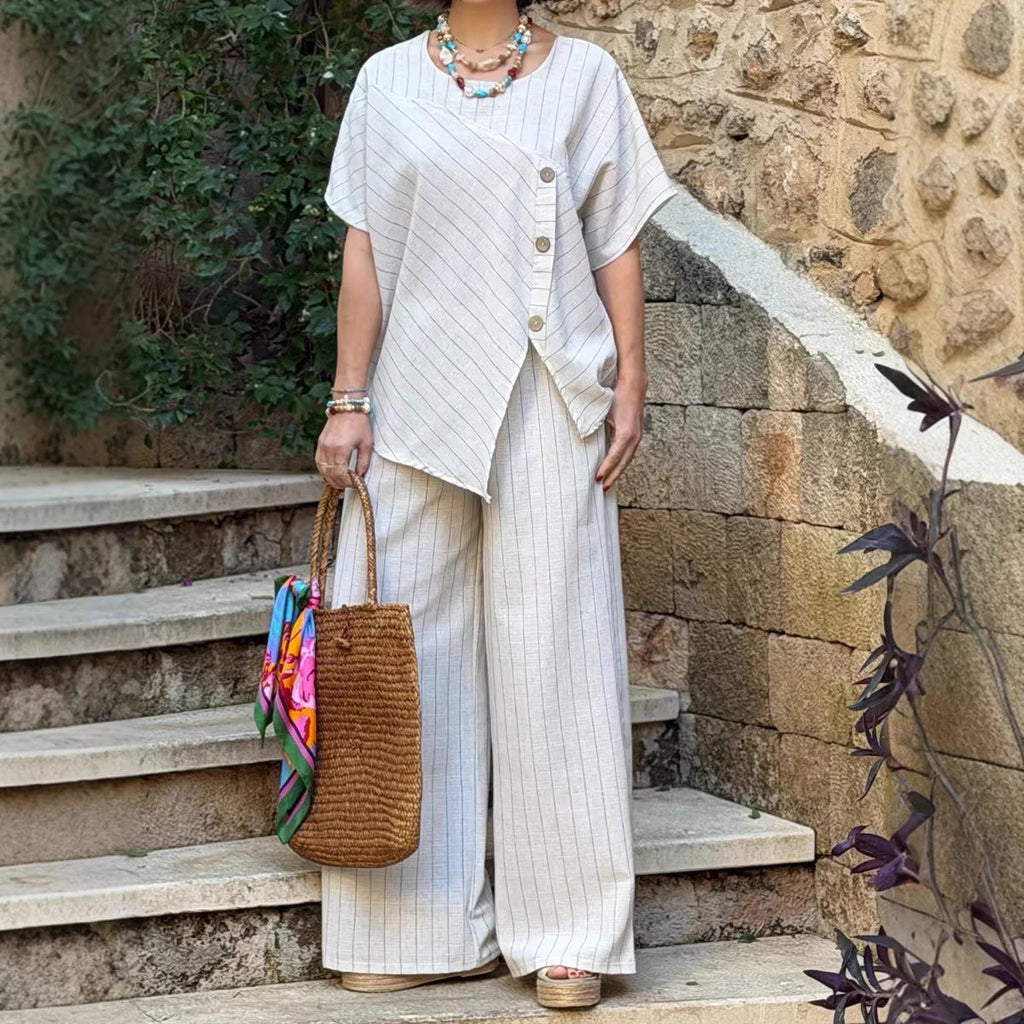 Striped Shirt & Loose Pants Set – Three-Quarter Sleeve Two-Piece