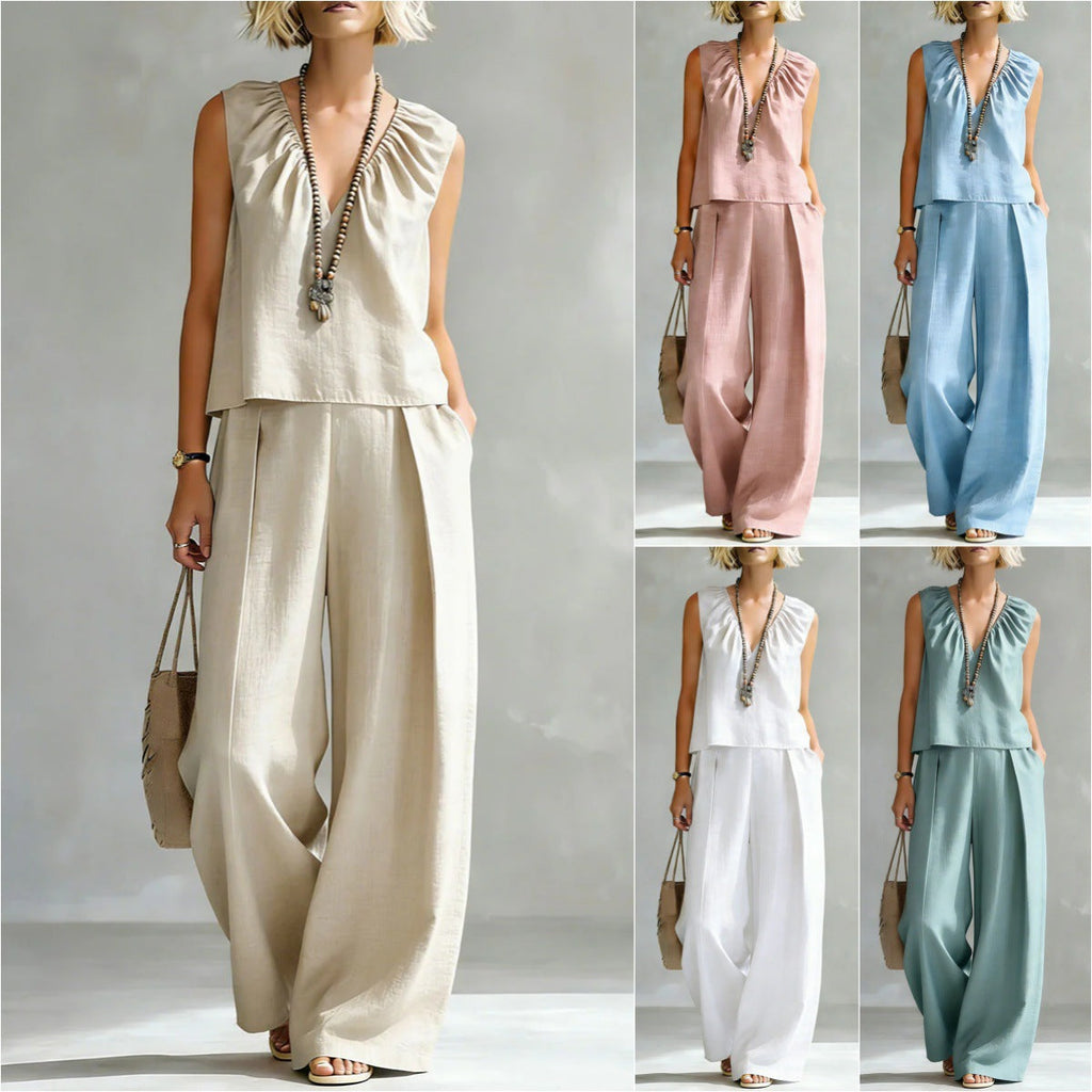 Women's Sleeveless Cotton-Linen Shirt & Pants Set – Urban 2-Piece