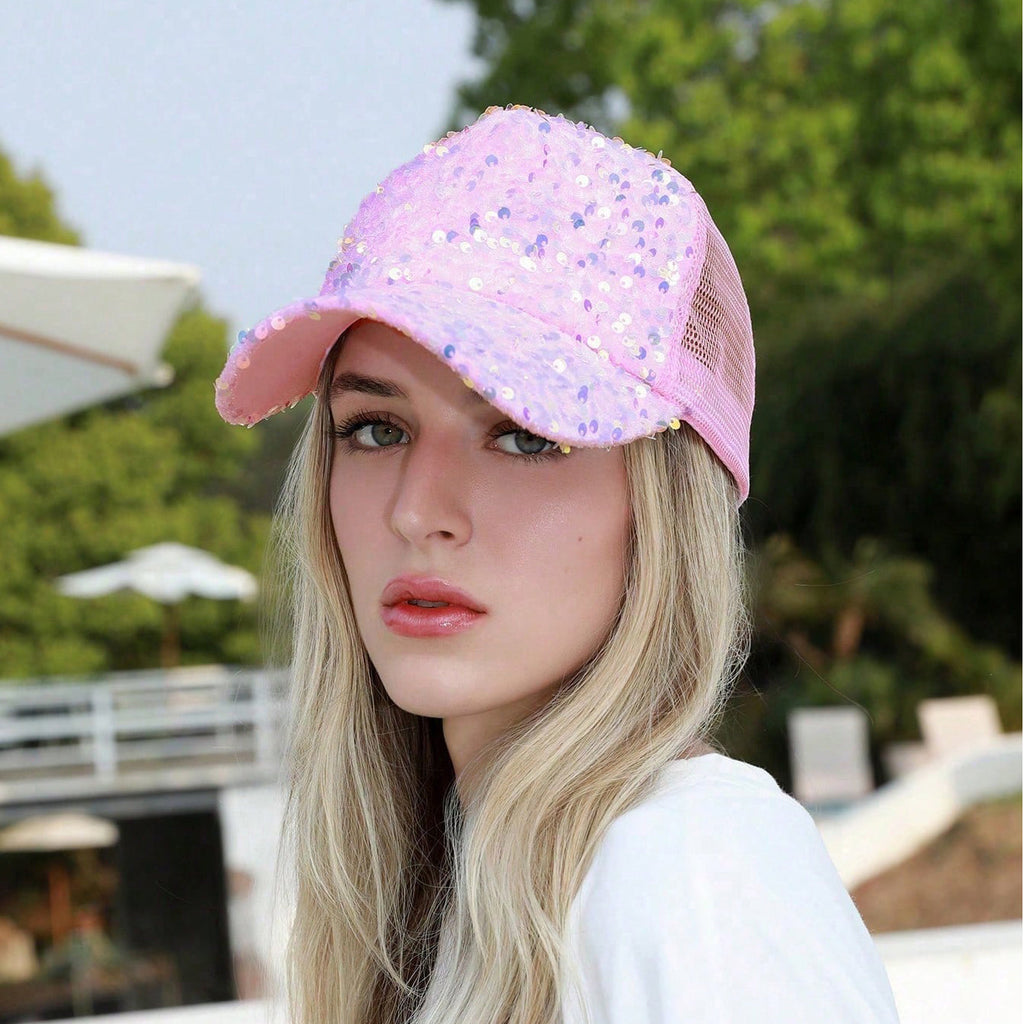 Sequin-Embroidered Mesh Baseball Cap with Sunshade – Breathable Trendy Hat