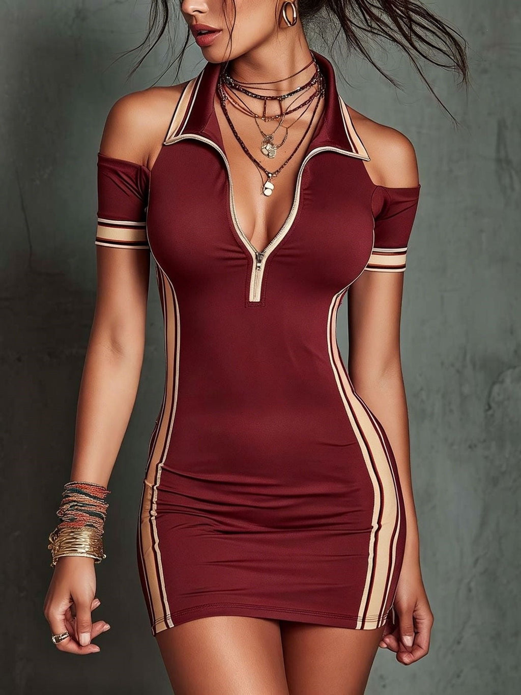 Women's Elastic Contrast Stripe Tight Mini Dress – High Waist Zipper