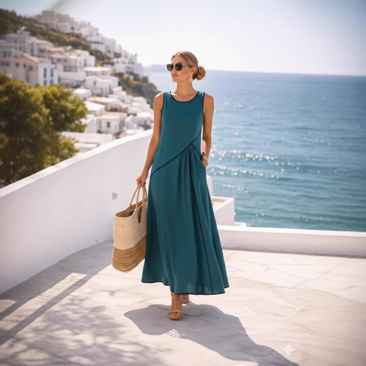 Mediterranean Contrast Color Vacation Dress – 7 Colors, S–3XL