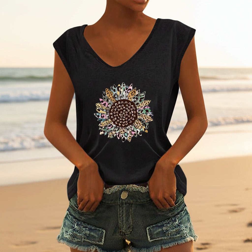 Women's V-Neck Printed Short Sleeve Loose Top – 14 Colors S–4XL
