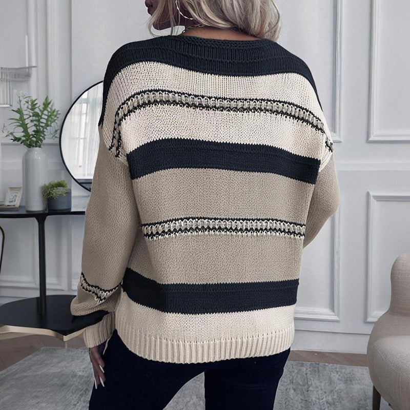 Women's French Vintage Striped Sweater | V-Neck Long Sleeve Stretch Knit