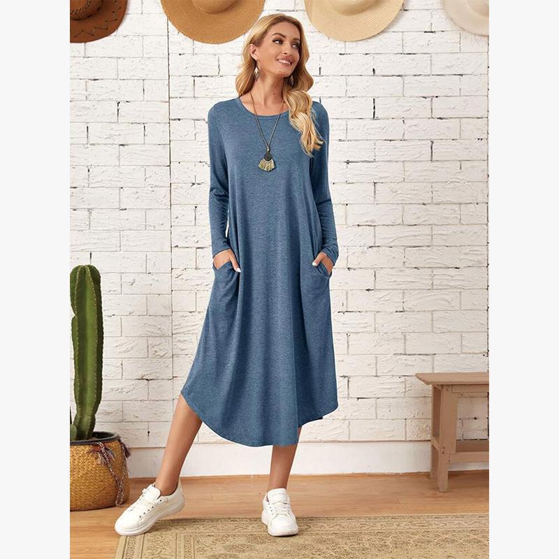 Women's Cotton Maxi Dress – Solid Color Long Sleeve A-Line with Pockets