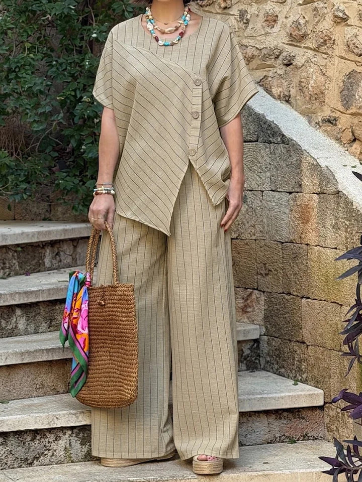 Striped Shirt & Loose Pants Set – Three-Quarter Sleeve Two-Piece
