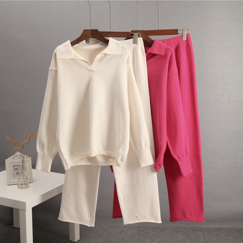 Solid Color Lapel Sweater Set for Women