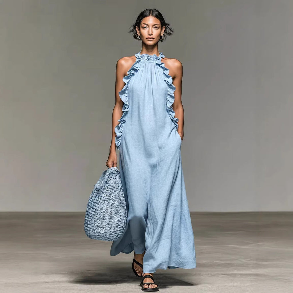 Women's Resort Ruffled Halterneck Sleeveless Open-Back Maxi Dress