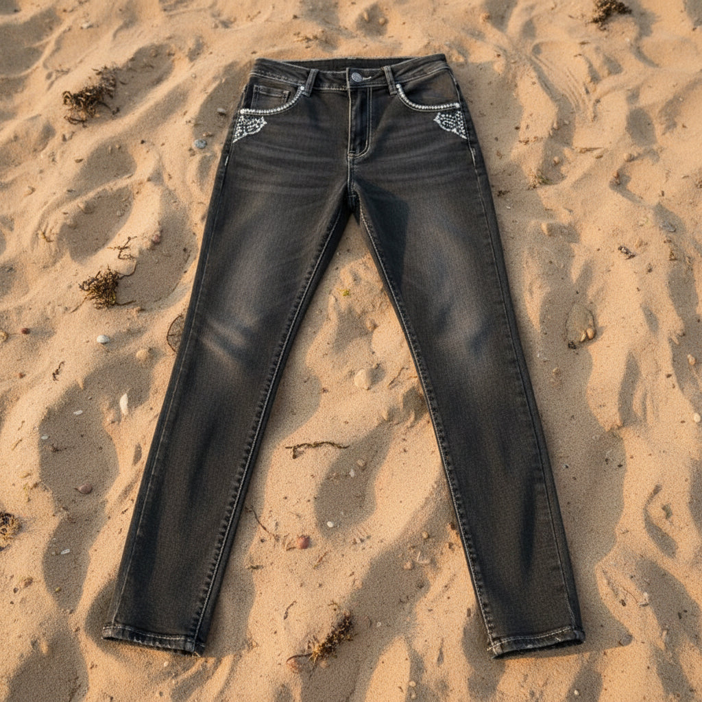 Women's Dark Gray Rhinestone Embroidered Elastic Denim Skinny Pants
