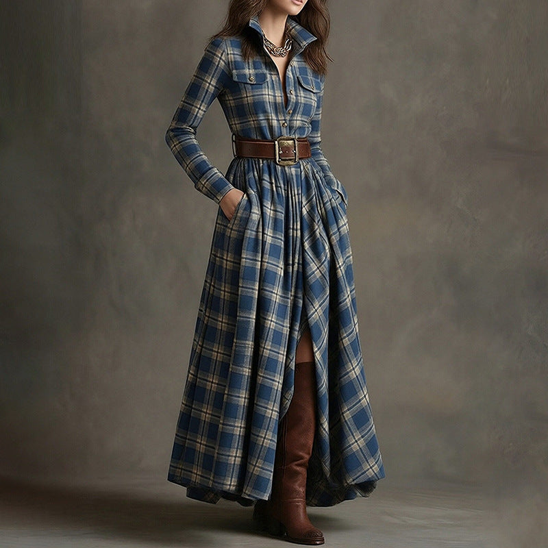 Women's Printed Lapel Slim-Fit Dress – Elegant Commuter Style