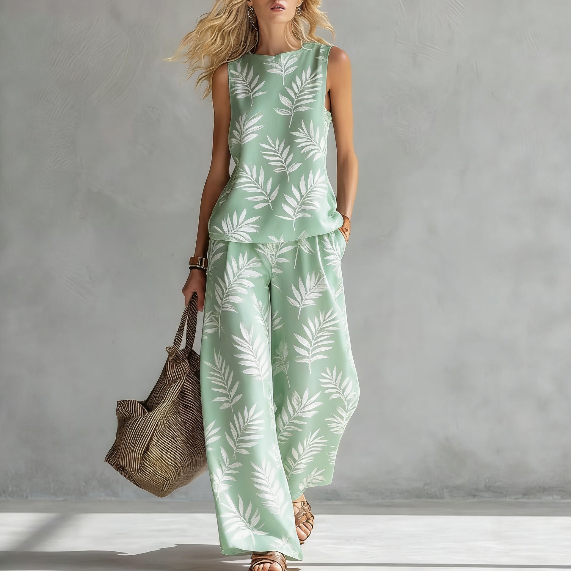 Women's Sleeveless Printed Tank Top & Wide-Leg Pants Two-Piece Set