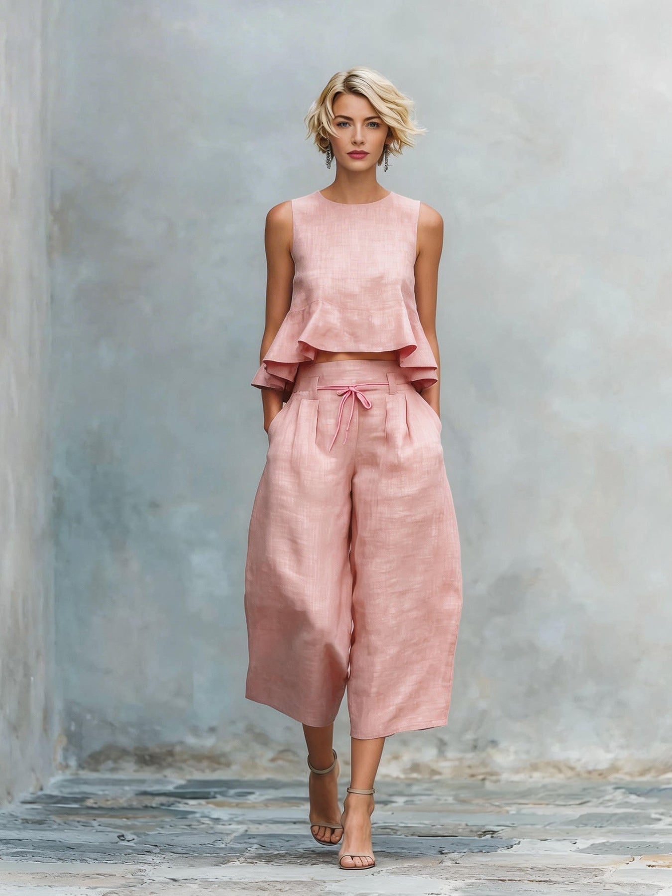 Women's Linen-Blend Sleeveless Two Piece Set with Ruffled Detailing