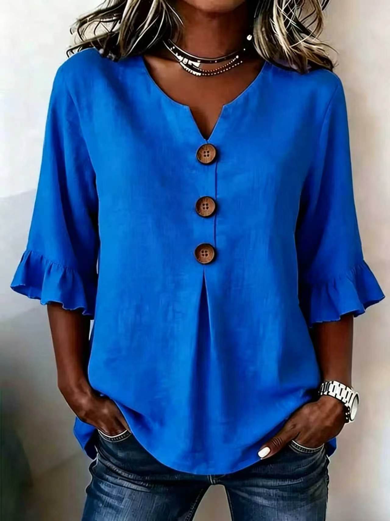 Women's Cotton Linen V-Neck Button-Up Blouse — Summer Casual Top