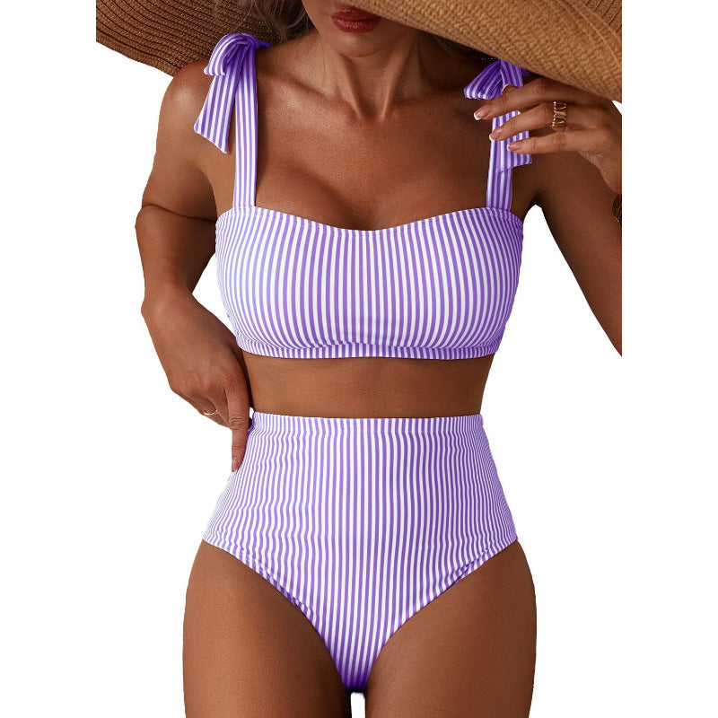 Tie-Shoulder Striped High-Waisted Bikini Set – Two-Piece Swimsuit for Women