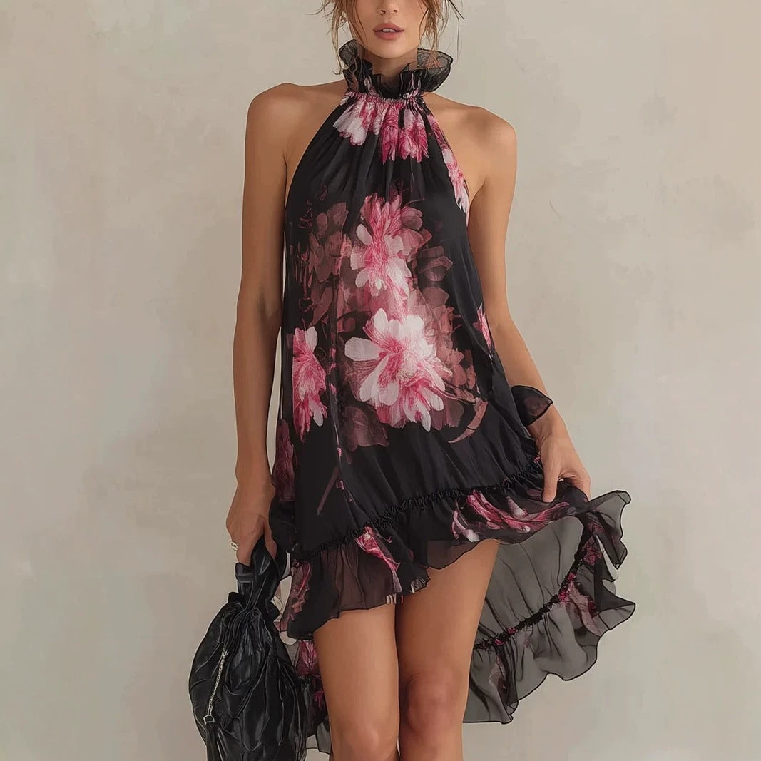 Women's Floral Print Chiffon Off-Shoulder Mini Dress | High Waist A-Line Strapless Summer Dress