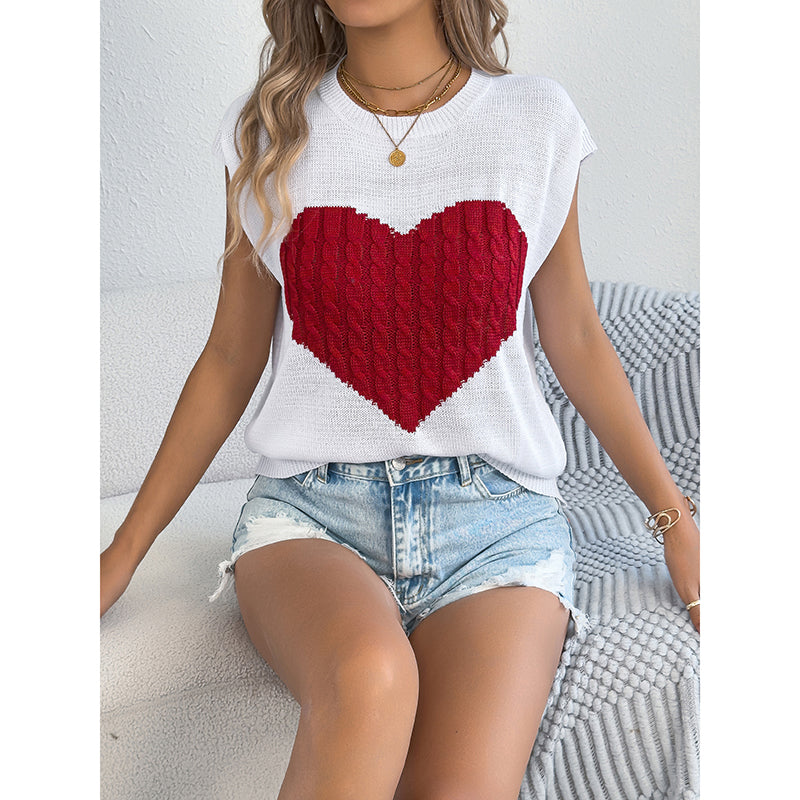 Women’s Heart Color Block Knit Top – Casual Sleeveless Valentine Tank