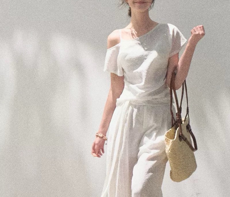 Linen Off-Shoulder Asymmetric Casual Set – 2 Colors, S–L