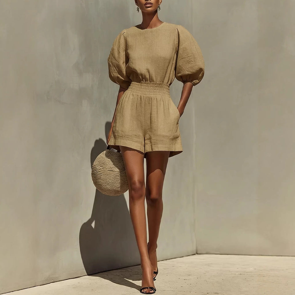 Women's Puff-Sleeve Top & Cropped Shorts Set – Casual Chic