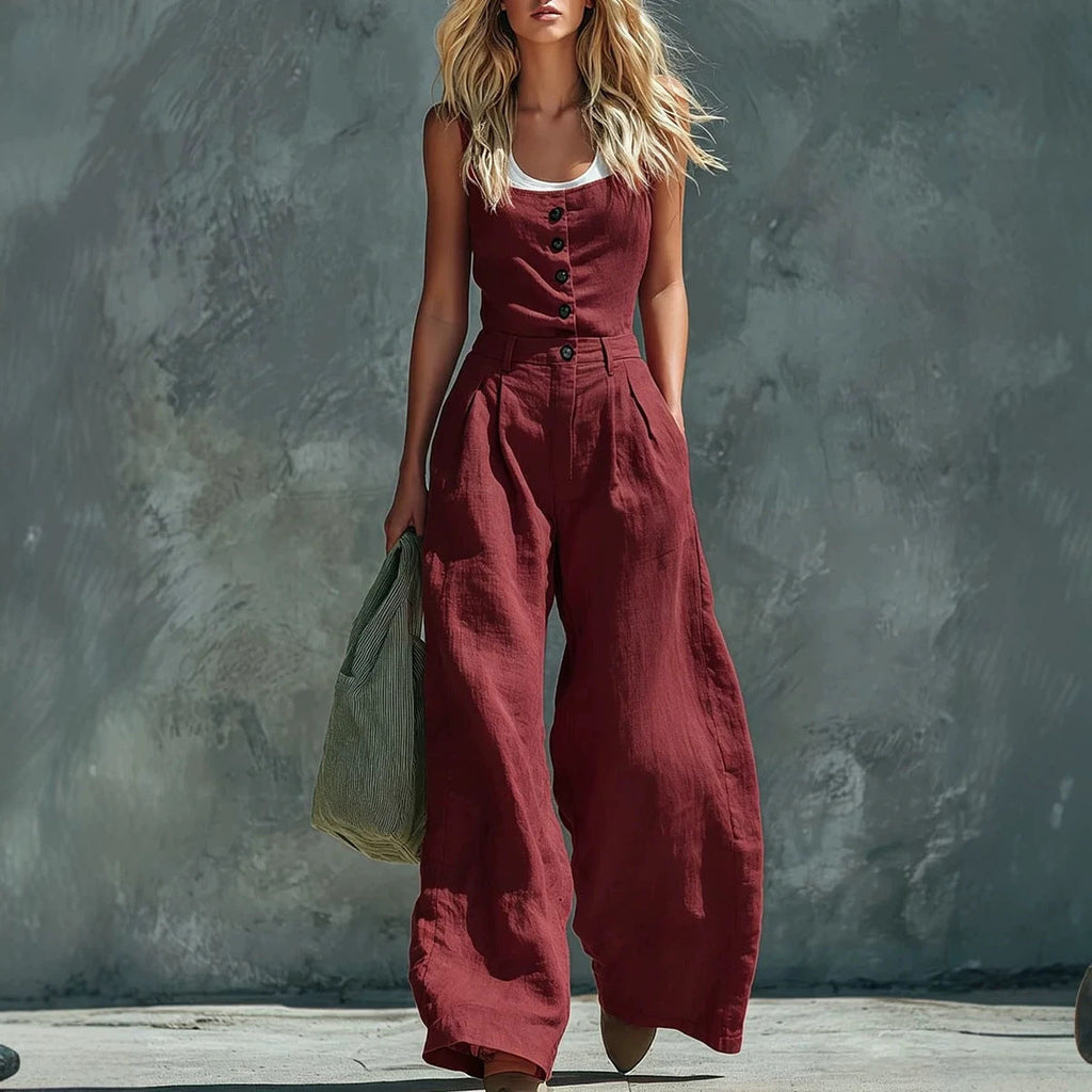 Women's Retro High-Waist Wide-Leg Jumpsuit – Vintage Button Closure Elegant