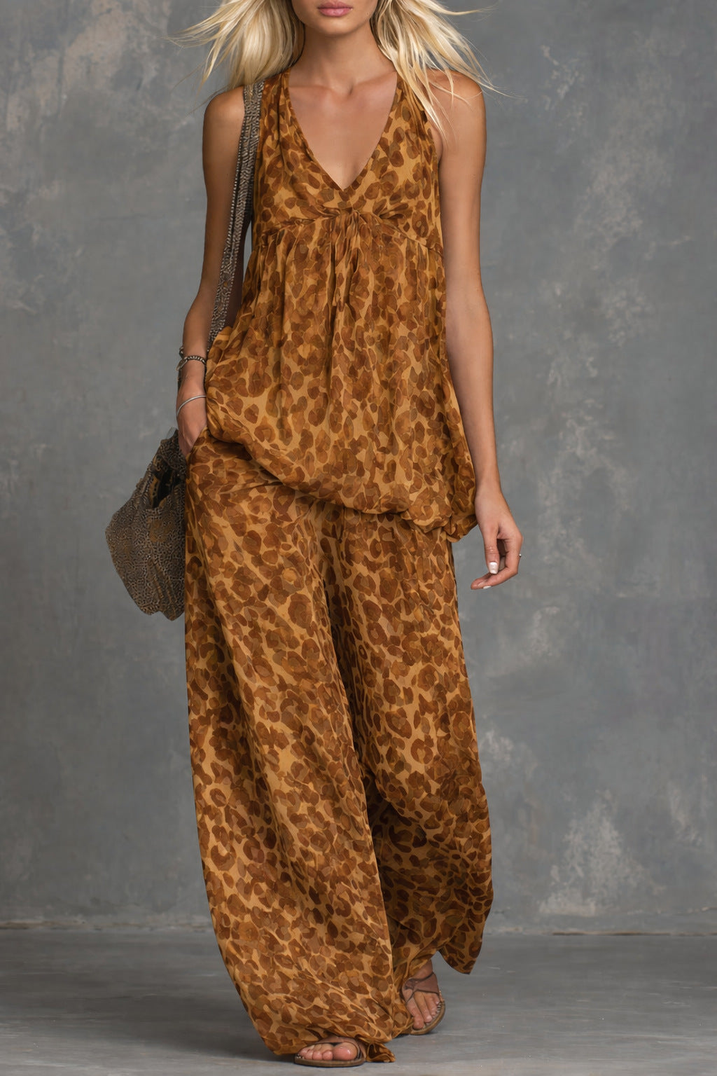 Women’s Leopard Print Sleeveless Top and Chiffon Pants Set
