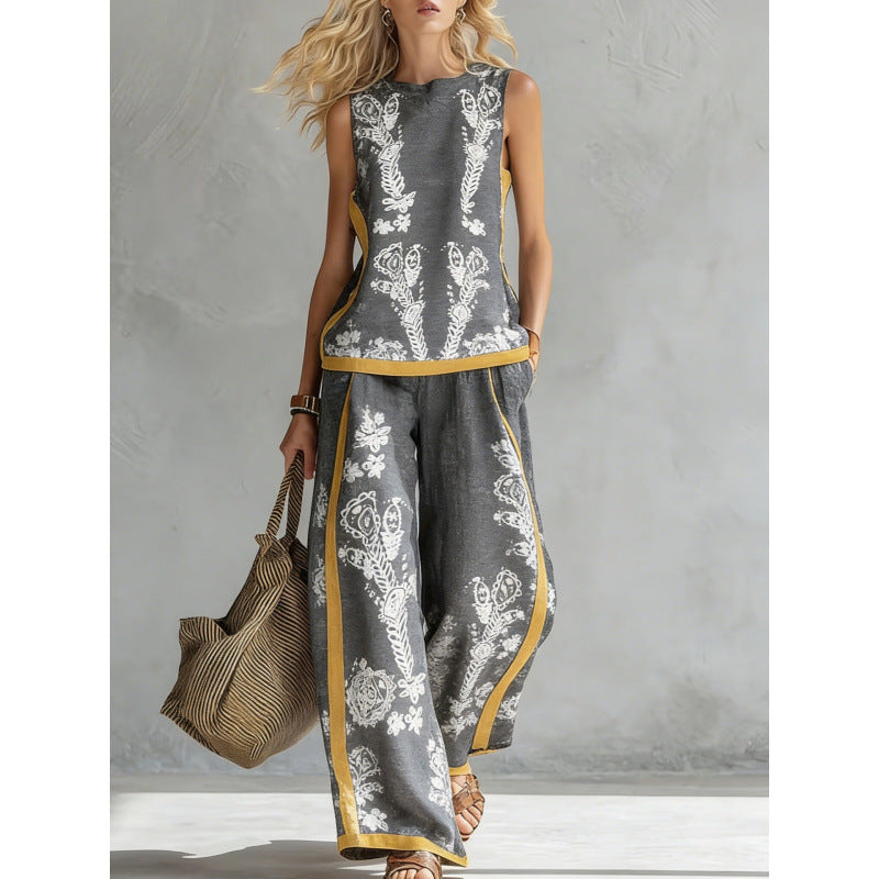 Printed Retro Sleeveless Top & Wide-Leg Pants Set | 12 Prints S–5XL