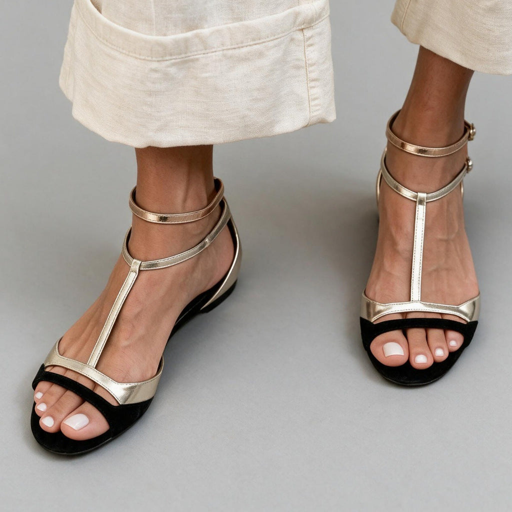 Women's Colour-Block T-Strap Flat Sandals – Double Ankle Strap & Open Toe