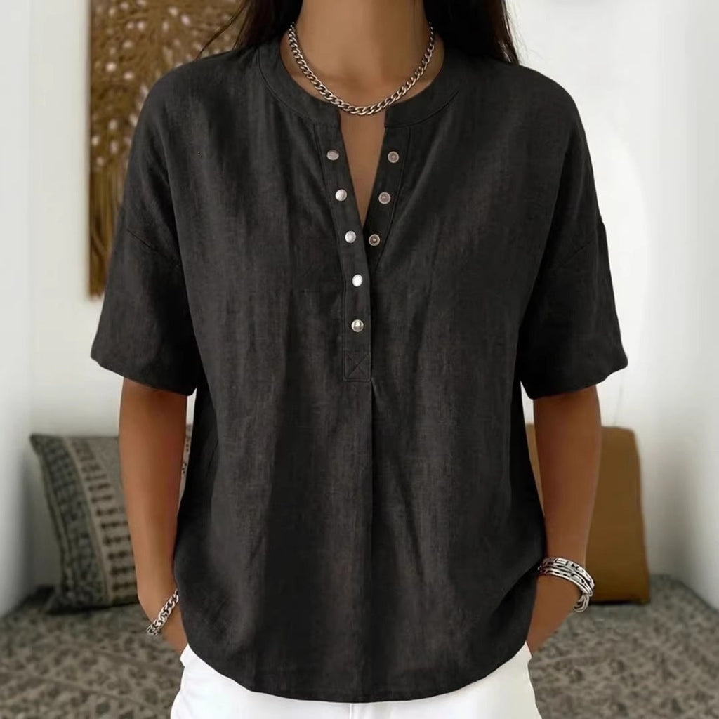 Women's Solid Color Loose-Fit Short-Sleeve Pullover Top