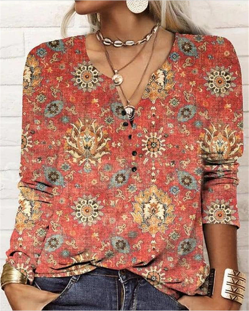 Women's Ethnic Print V-Neck Long Sleeve Loose T-Shirt