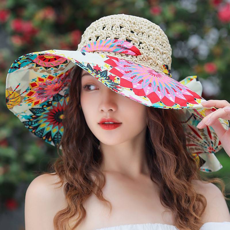 Women's Patterned Straw Beach Sun Hat – Round Crown UV Protection Summer Hat