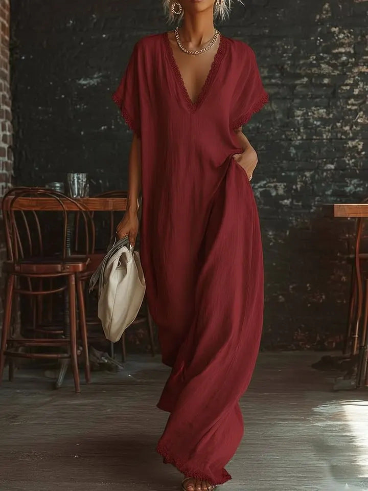 Lace-Trimmed Loose Long Dress for Women