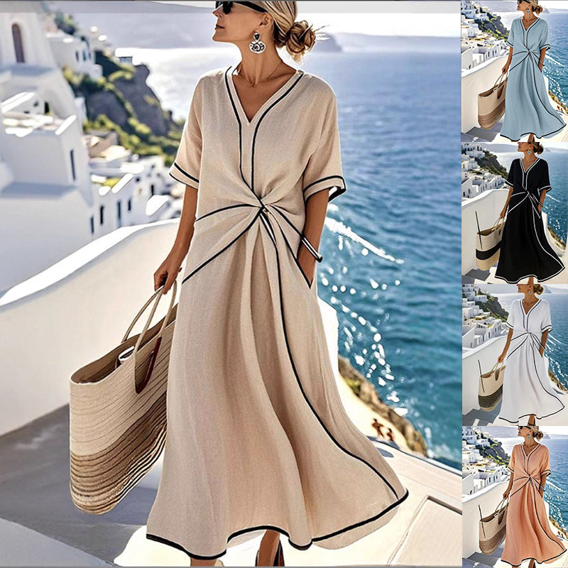 Striped Print Maxi Dress – Short Sleeve Beach Vacation Dress
