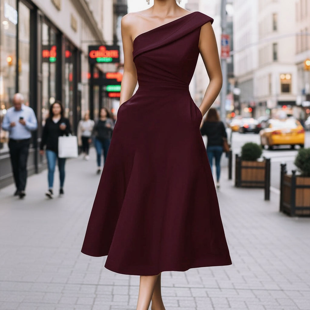 Women's Off-Shoulder Swing Dress – Solid Color Flowy Midi