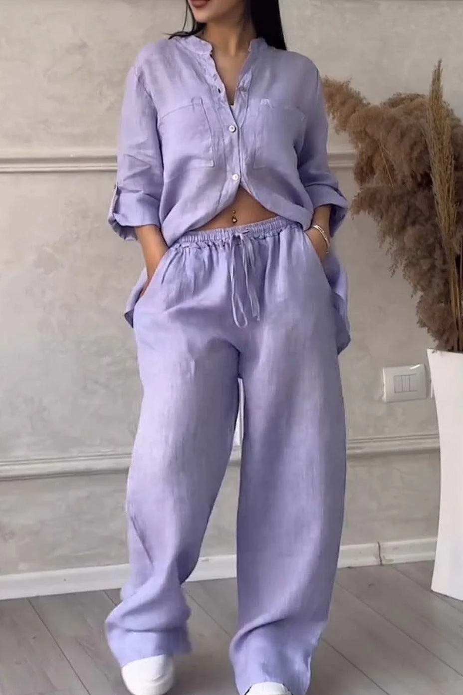 Wide-Leg Pants & Lace-Up Top Two-Piece Set – Solid Color, 12 Colors S–5XL