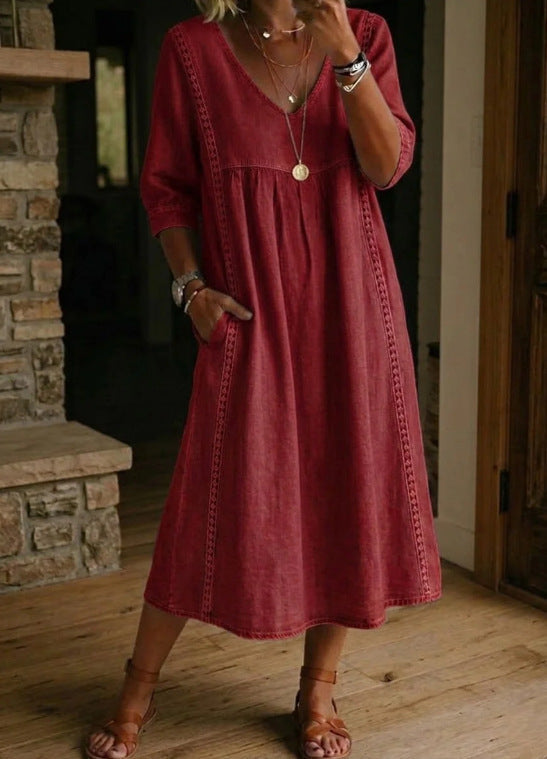 Women's V-Neck Dress – Lace Trim, Loose Fit, 7 Colors