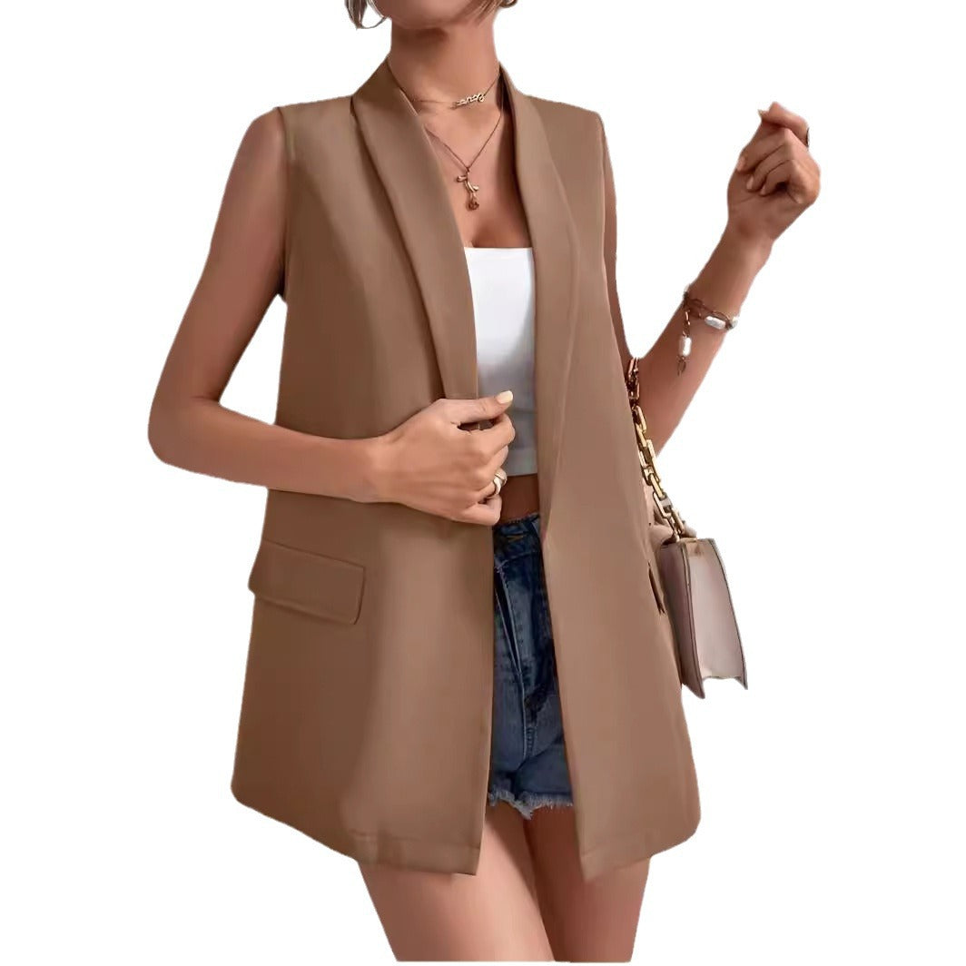 Women’s Mid-Length Suit Vest – Sleeveless Office Blazer
