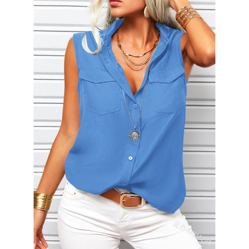 Women's Lapel Collar Sleeveless Top – Loose Fit, Pockets, Solid Color
