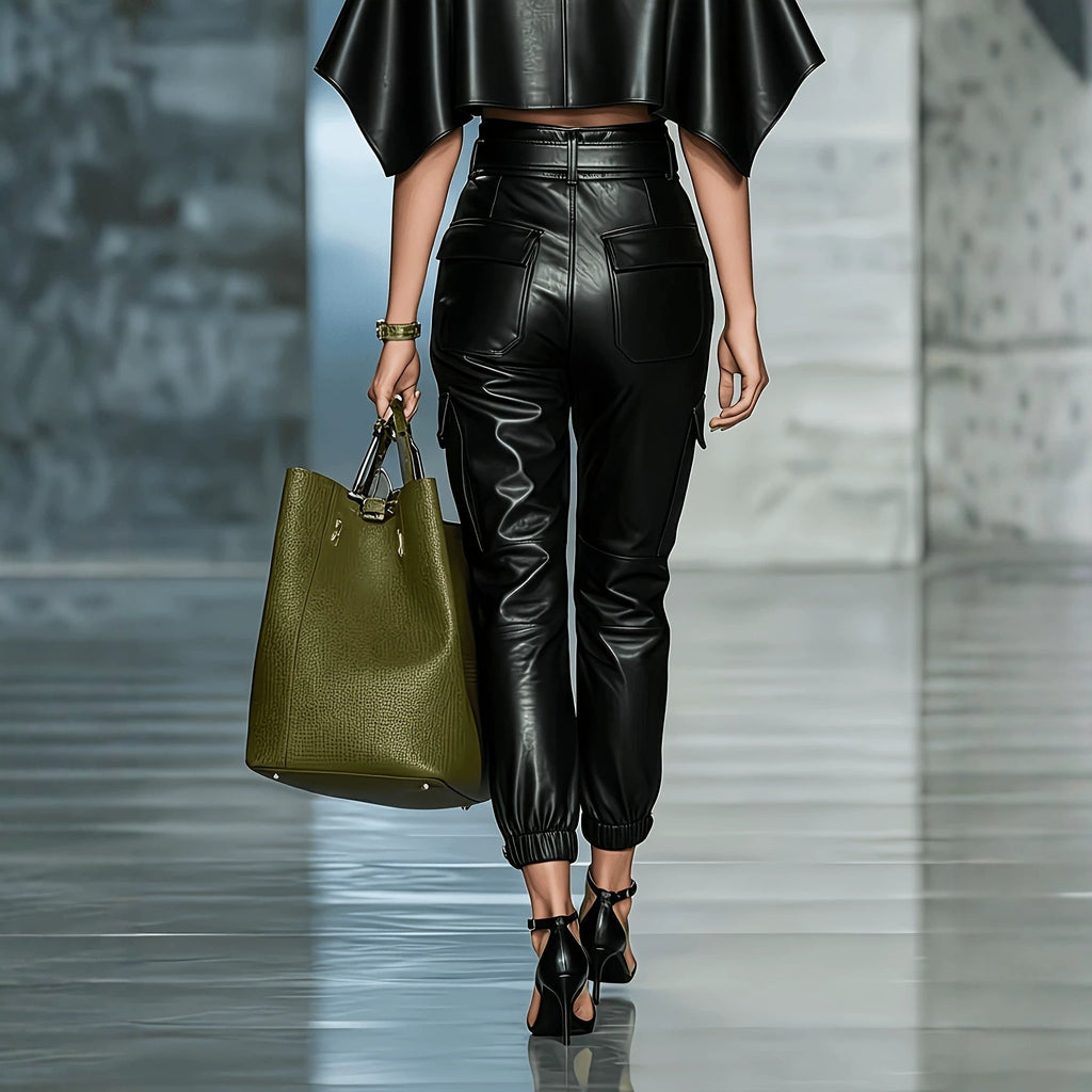 Women's PU Leather Streetwear Pants – Elastic Waist Side Pocket Full Length Trousers