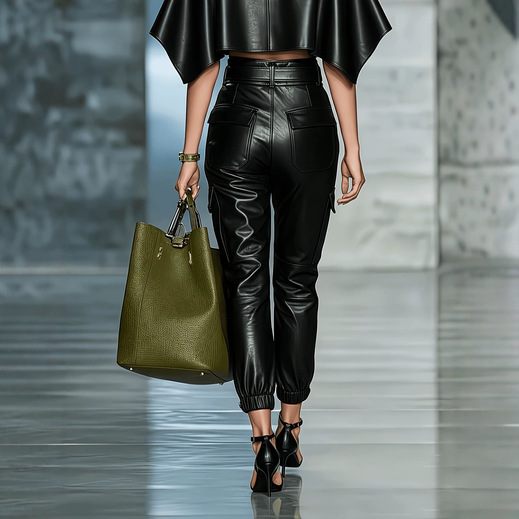 Women's PU Leather Streetwear Pants – Elastic Waist Side Pocket Full Length Trousers