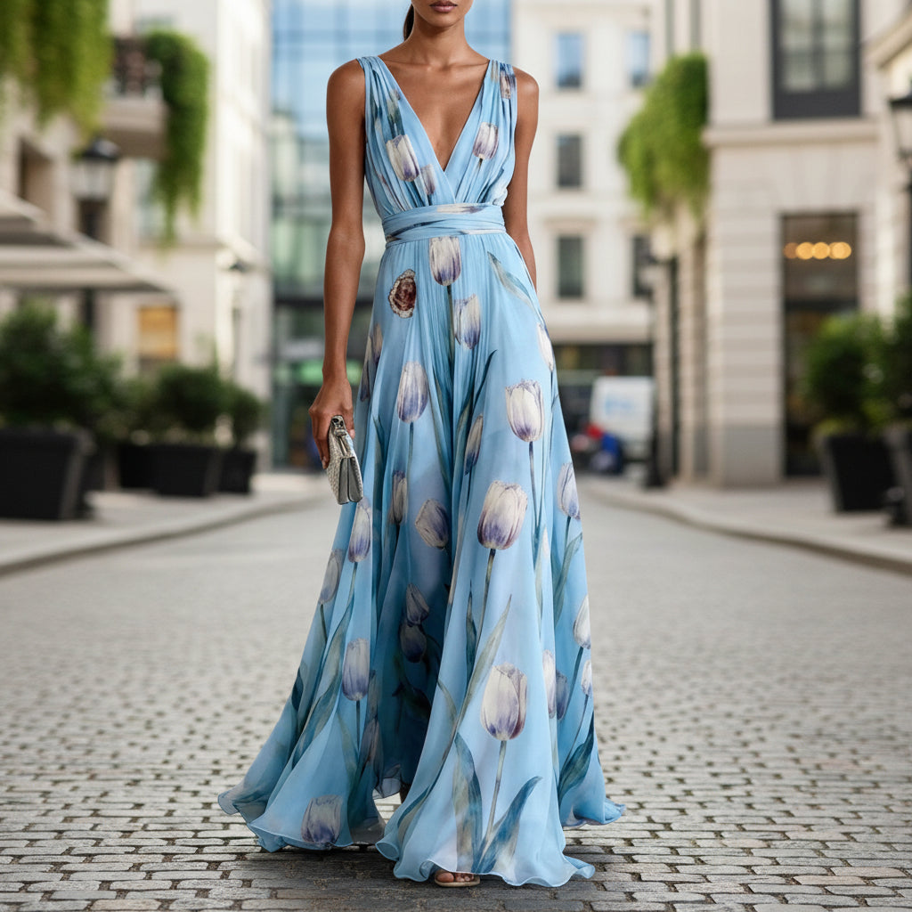 Women's Tulip Print Sleeveless Deep V-Neck A-Line Maxi Dress – 7 Colors