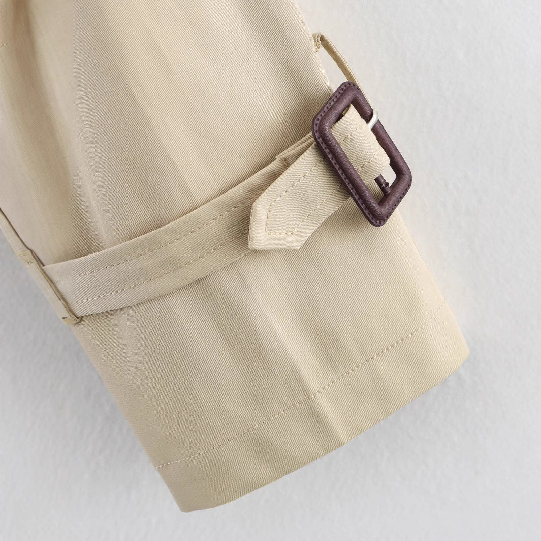 Women's Notch-Collar Short Trench Coat with Belt Buckle Detail