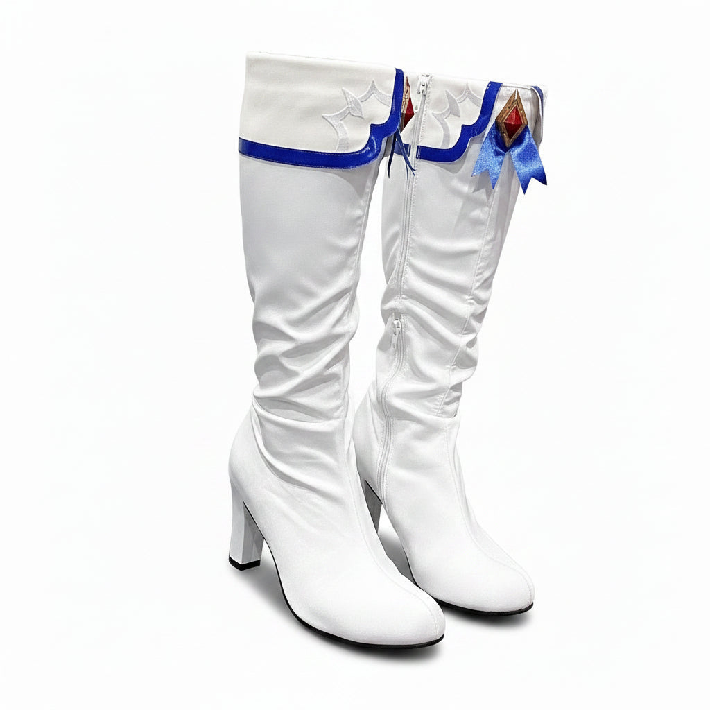 Women's White Knee-High Block Heel Boots – Slouch Shaft & Jewel Trim