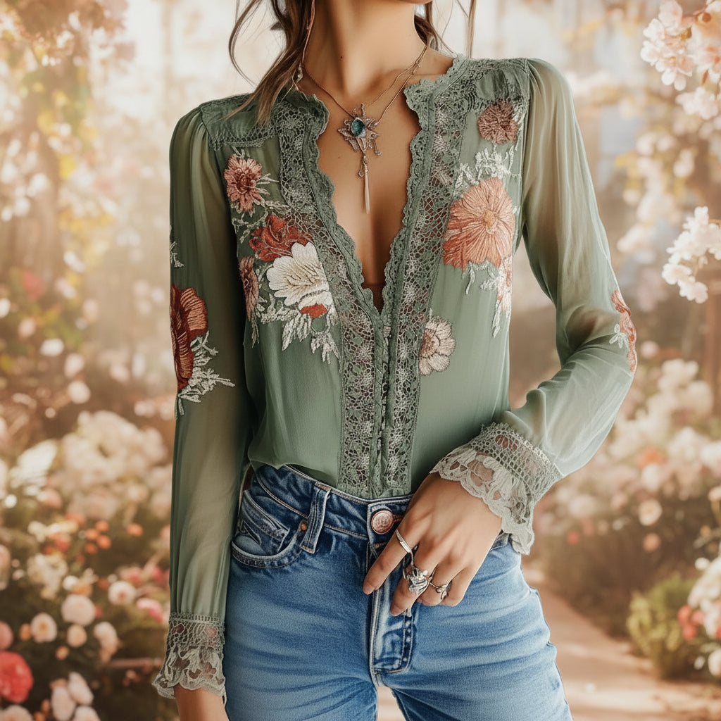 Women’s V-Neck Floral Print Blouse