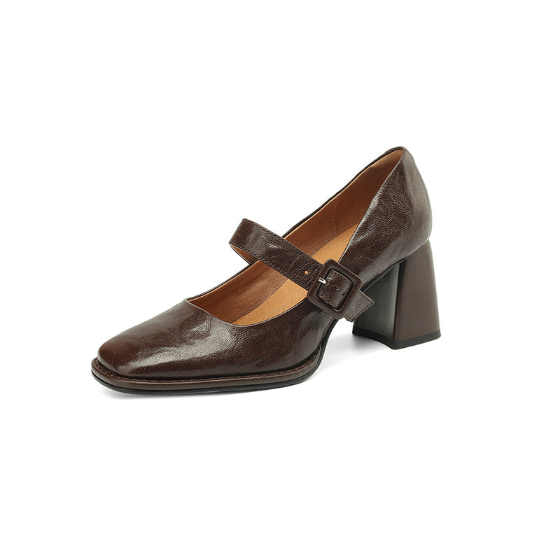 Women's Sheepskin Mary Jane Heels – Square Toe Chunky Heel Buckle Pumps
