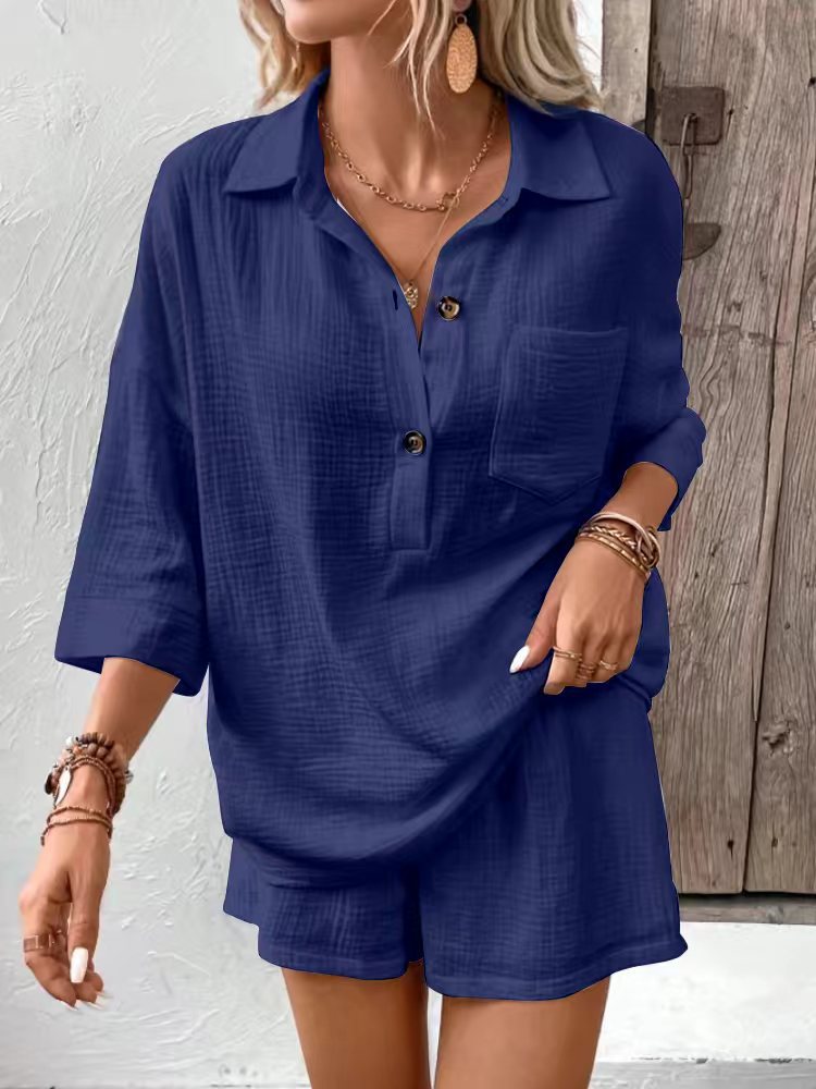 Women's Lapel Collar Double-Panel Shirt & Shorts Two-Piece Set