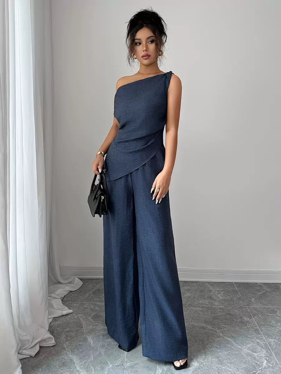 One-Shoulder Asymmetric Top & Wide-Leg Pants 2-Piece Set – Women's Elegant Co-ord Suit