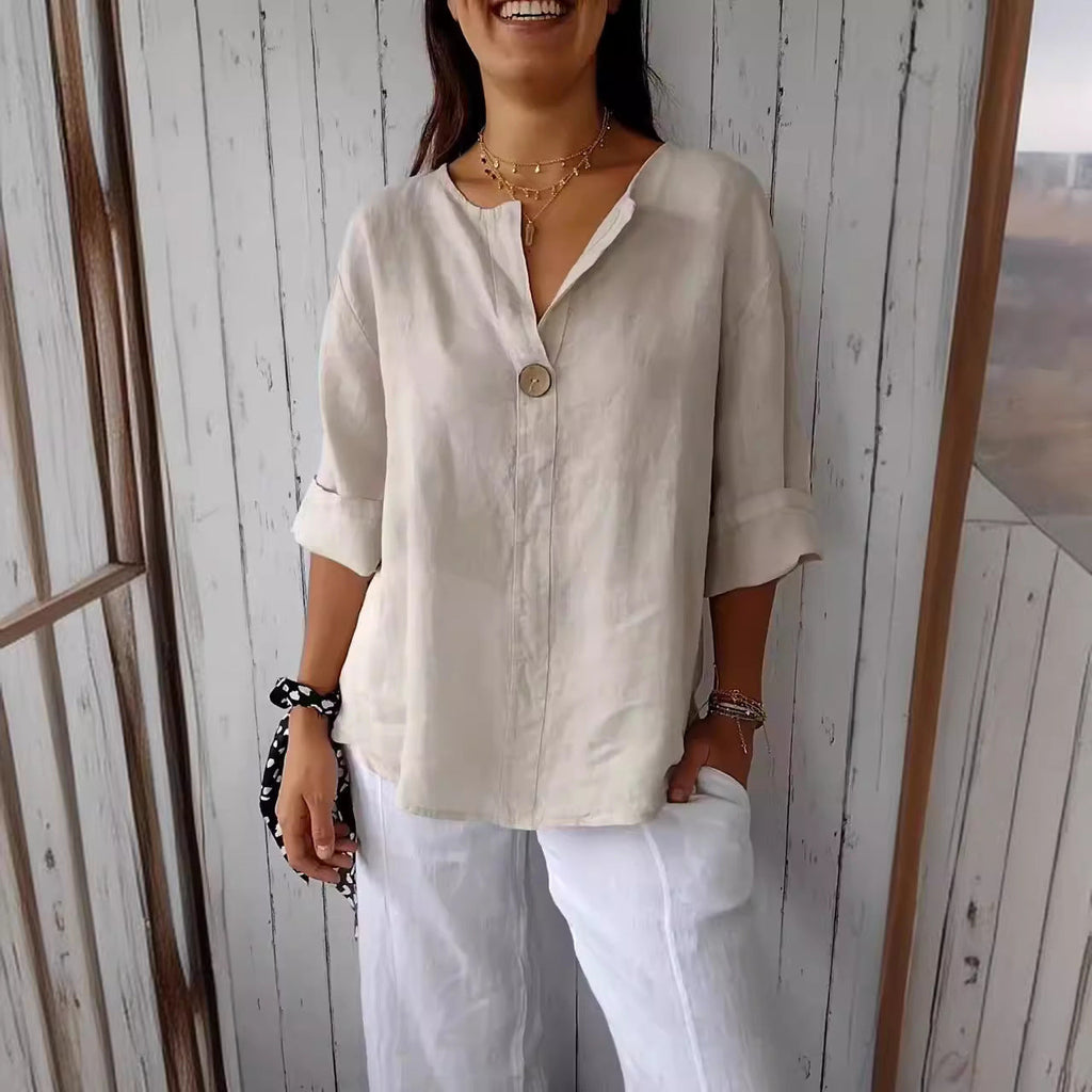 Women's V-Neck Long-Sleeve Button Top – Loose Fit Casual Blouse